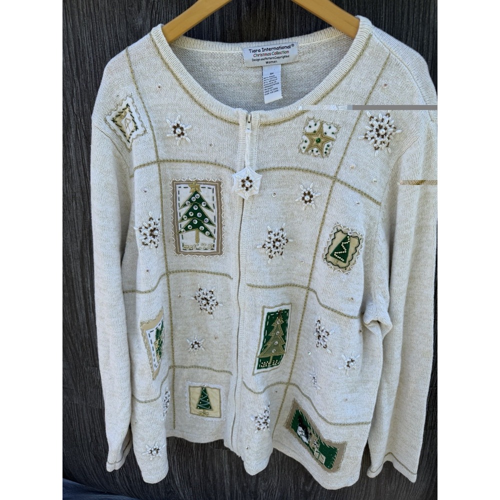 Vintage Tiara International Christmas Zip Up Sweater 3XL Ivory Beaded Metallic
